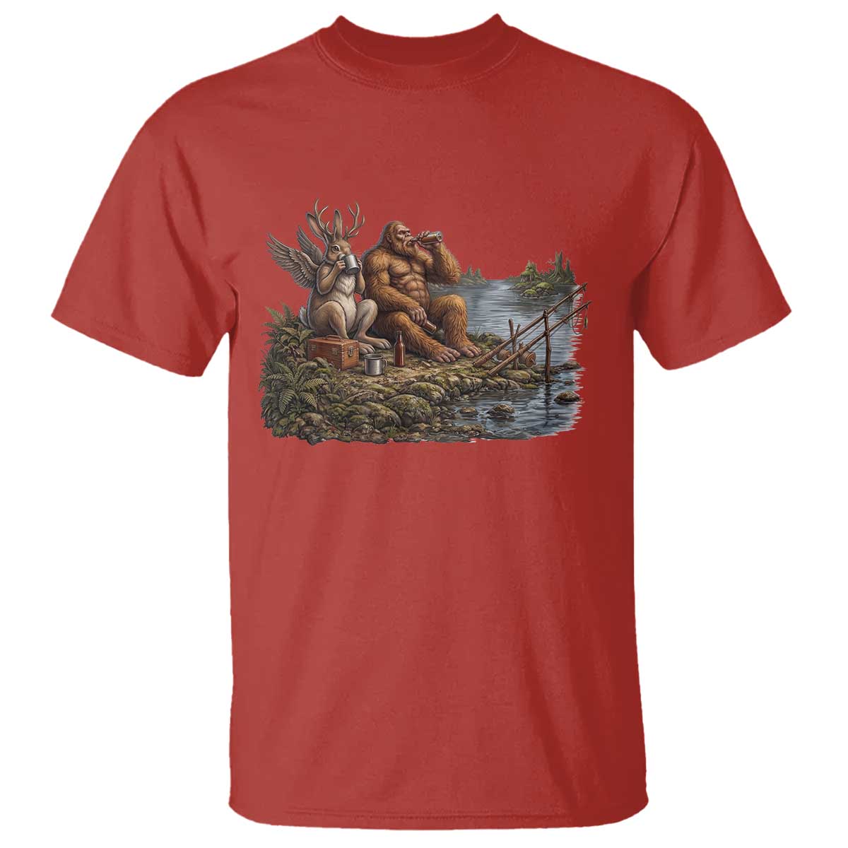 Funny Wolpertinger Bigfoot Fishing T Shirt Beer Drinking Cryptid Fisherman Gift