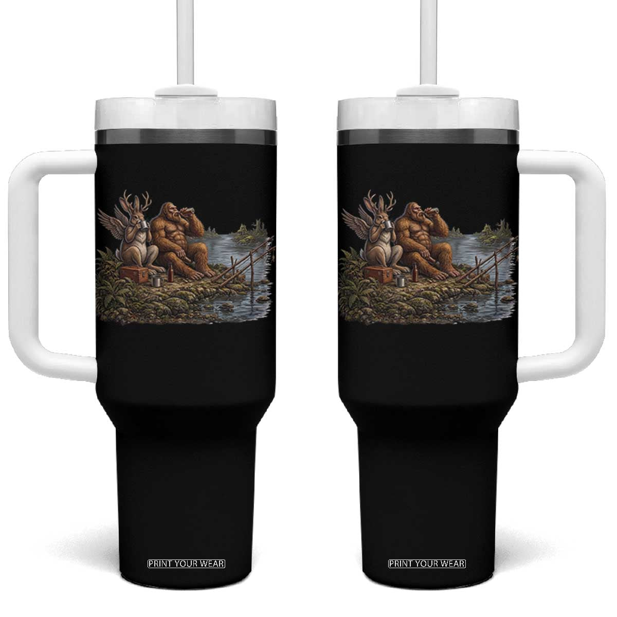 Funny Wolpertinger Bigfoot Fishing Tumbler With Handle Beer Drinking Cryptid Fisherman Gift TS12 One Size: 40 oz Black Print Your Wear