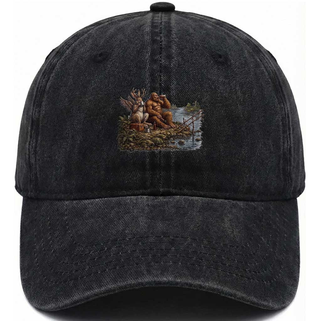 Funny Wolpertinger Bigfoot Fishing Washed Cotton Baseball Cap Beer Drinking Cryptid Fisherman Gift TS12 Print Your Wear