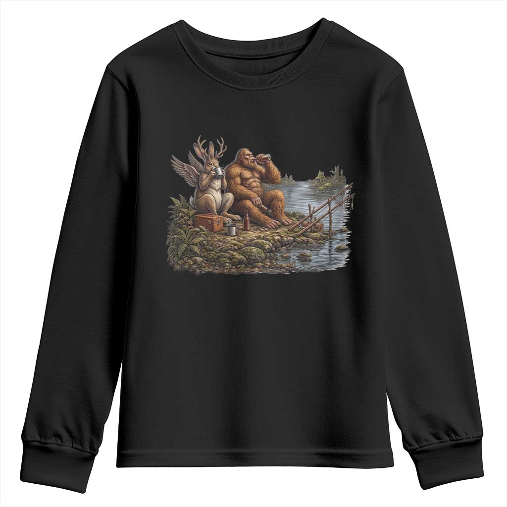 Funny Wolpertinger Bigfoot Fishing Youth Sweatshirt Beer Drinking Cryptid Fisherman Gift TS12 Black Print Your Wear