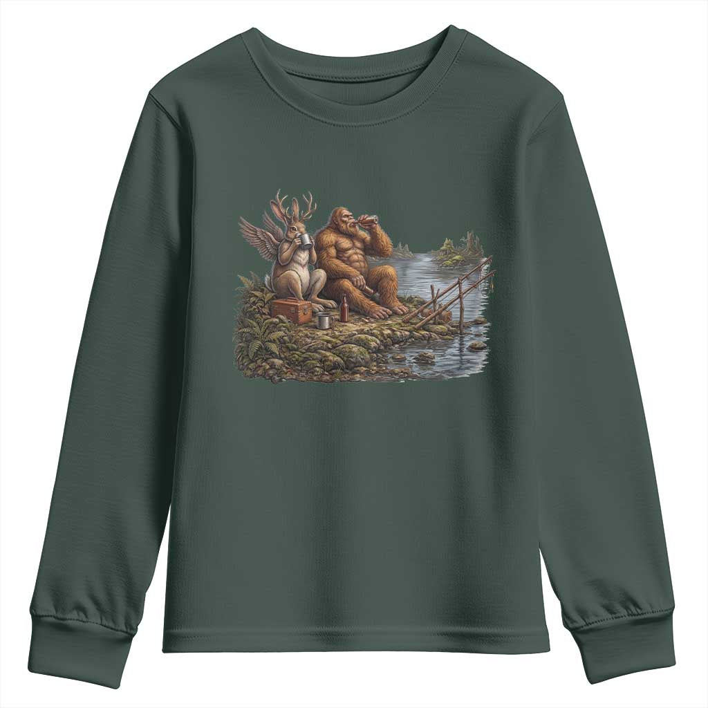 Funny Wolpertinger Bigfoot Fishing Youth Sweatshirt Beer Drinking Cryptid Fisherman Gift