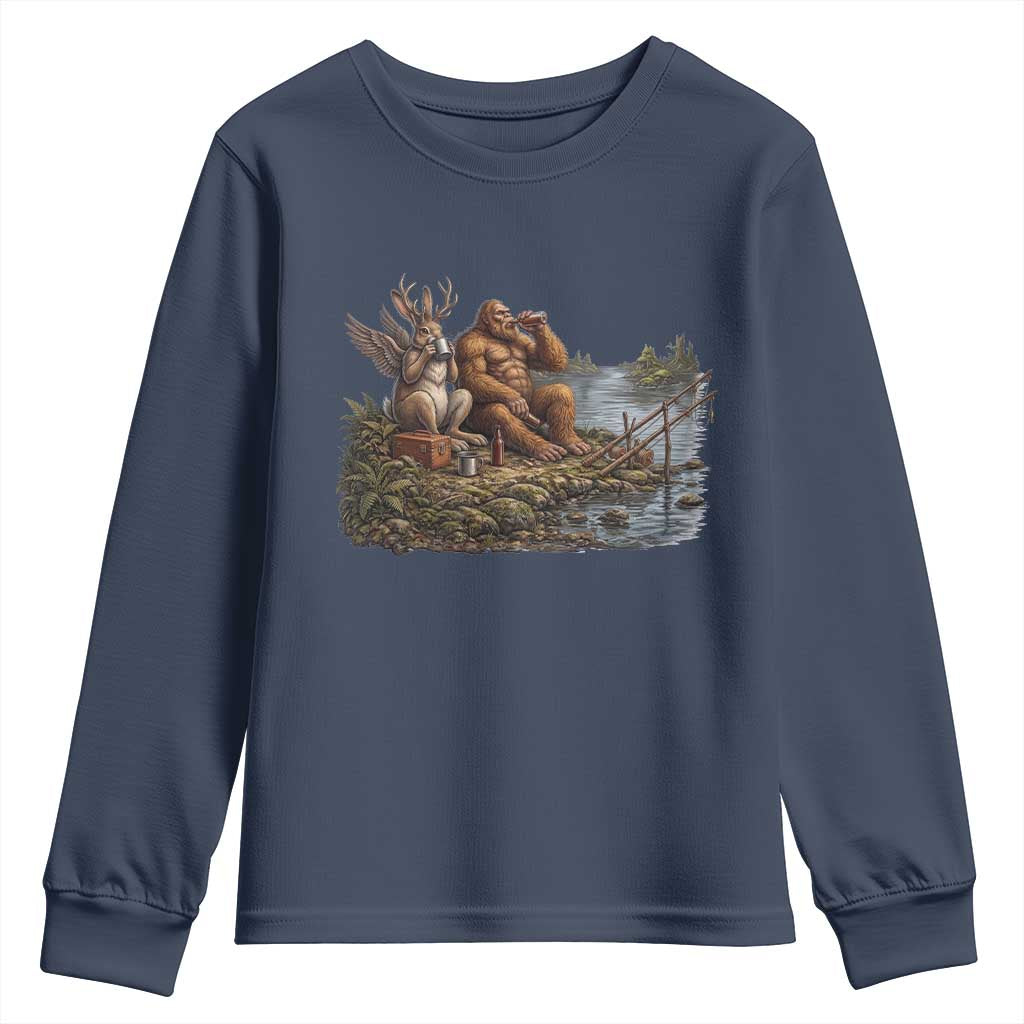 Funny Wolpertinger Bigfoot Fishing Youth Sweatshirt Beer Drinking Cryptid Fisherman Gift