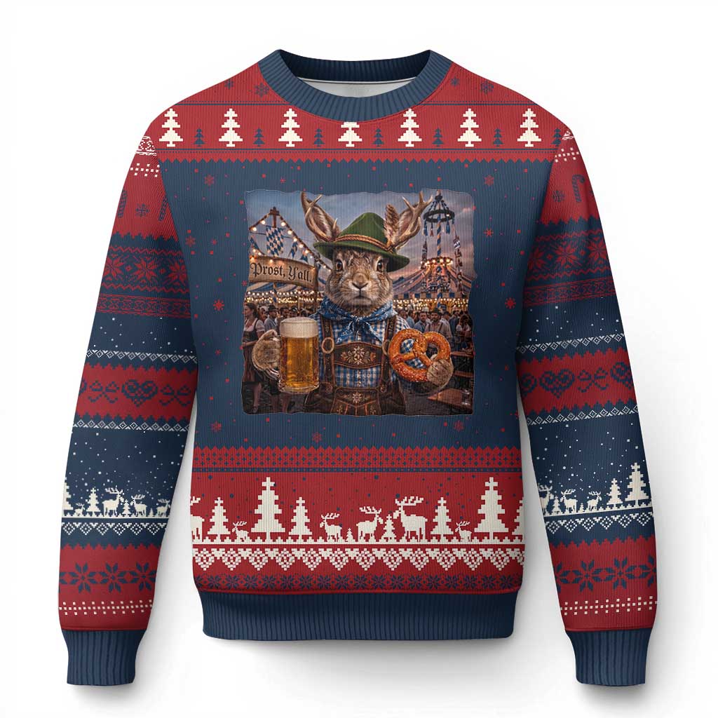 Prost Yall Wolpertinger Oktoberfest Bavarian Folklore Ugly Christmas Sweater TS12 Navy Red Print Your Wear