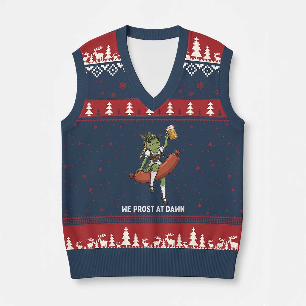 Funny Oktoberfest Frog V-Neck Knit Sweater Vest We Prost At Dawn Dirndl Sausage Beer Lover TS12 Navy Red Print Your Wear