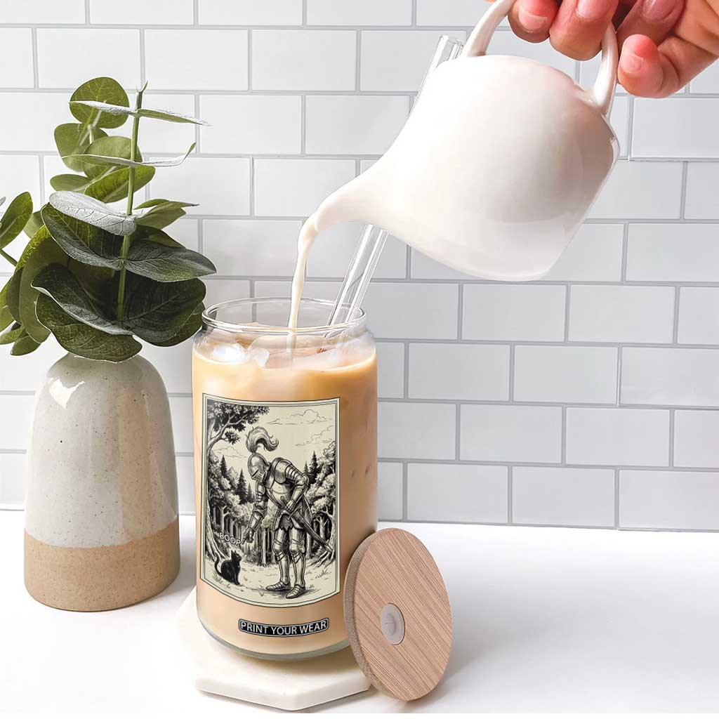 Funny Medieval Knight Boop Black Cat Glass Can Renaissance Fantasy Cat Lover