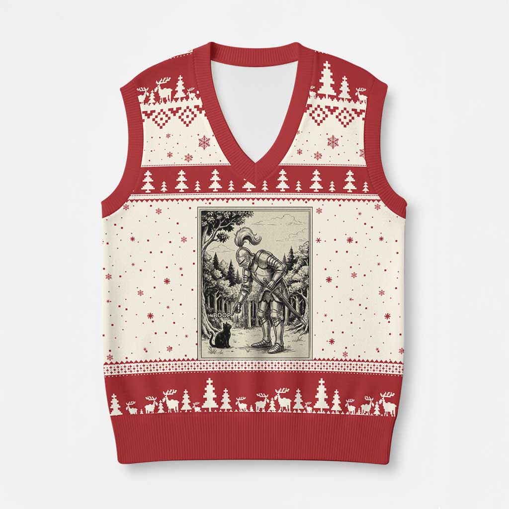 Funny Medieval Knight Boop Black Cat V-Neck Knit Sweater Vest Renaissance Fantasy Cat Lover TS12 Beige Red Print Your Wear