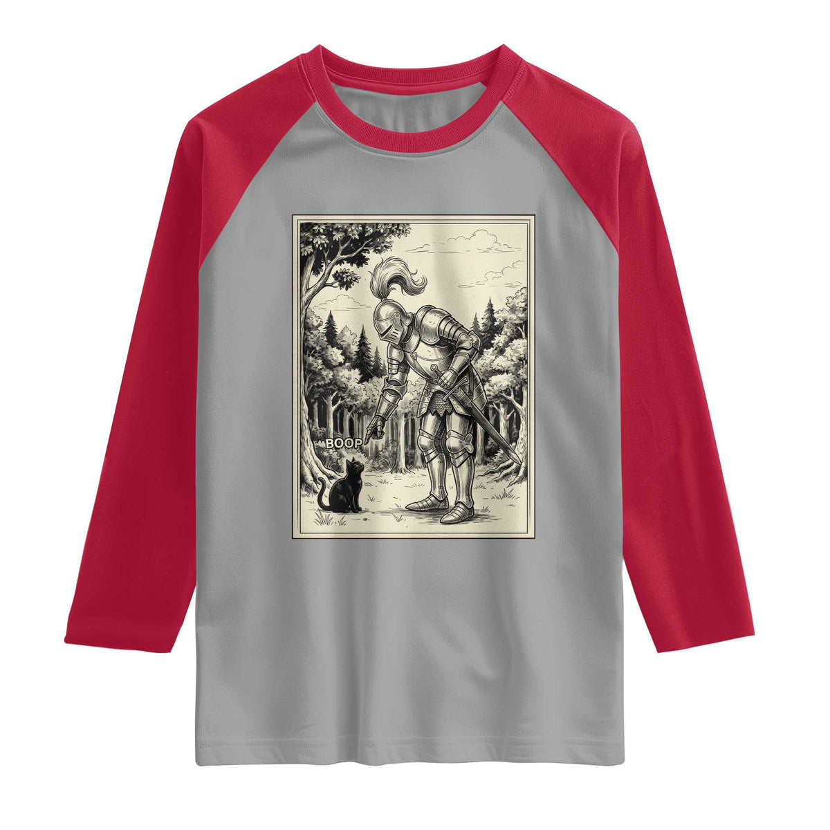 Funny Medieval Knight Boop Black Cat Raglan Shirt Renaissance Fantasy Cat Lover