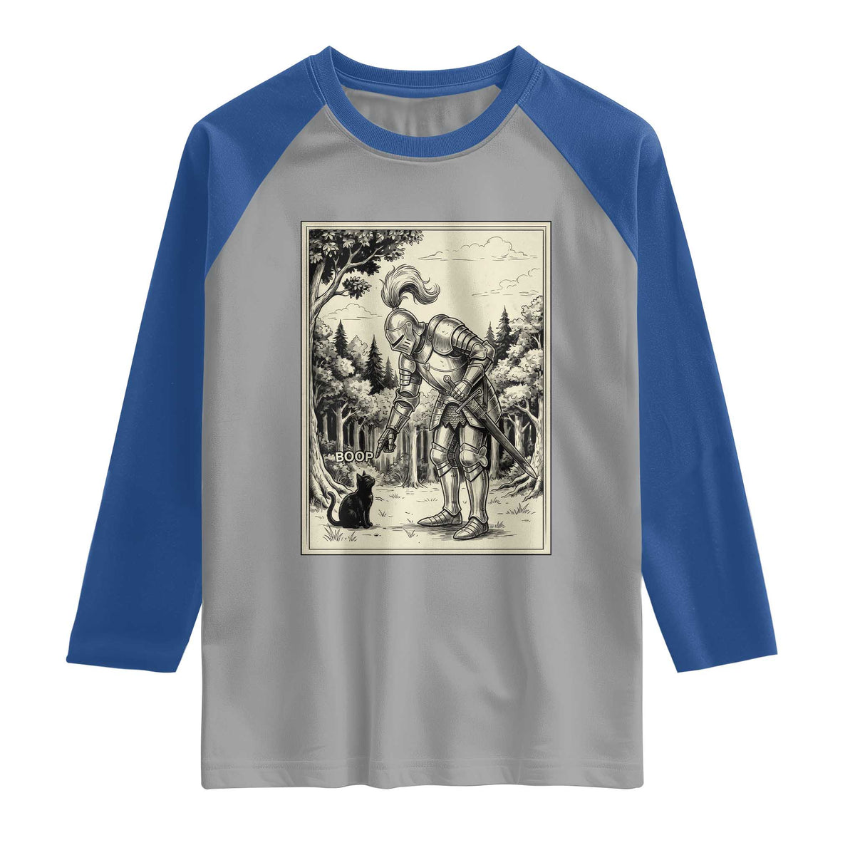 Funny Medieval Knight Boop Black Cat Raglan Shirt Renaissance Fantasy Cat Lover