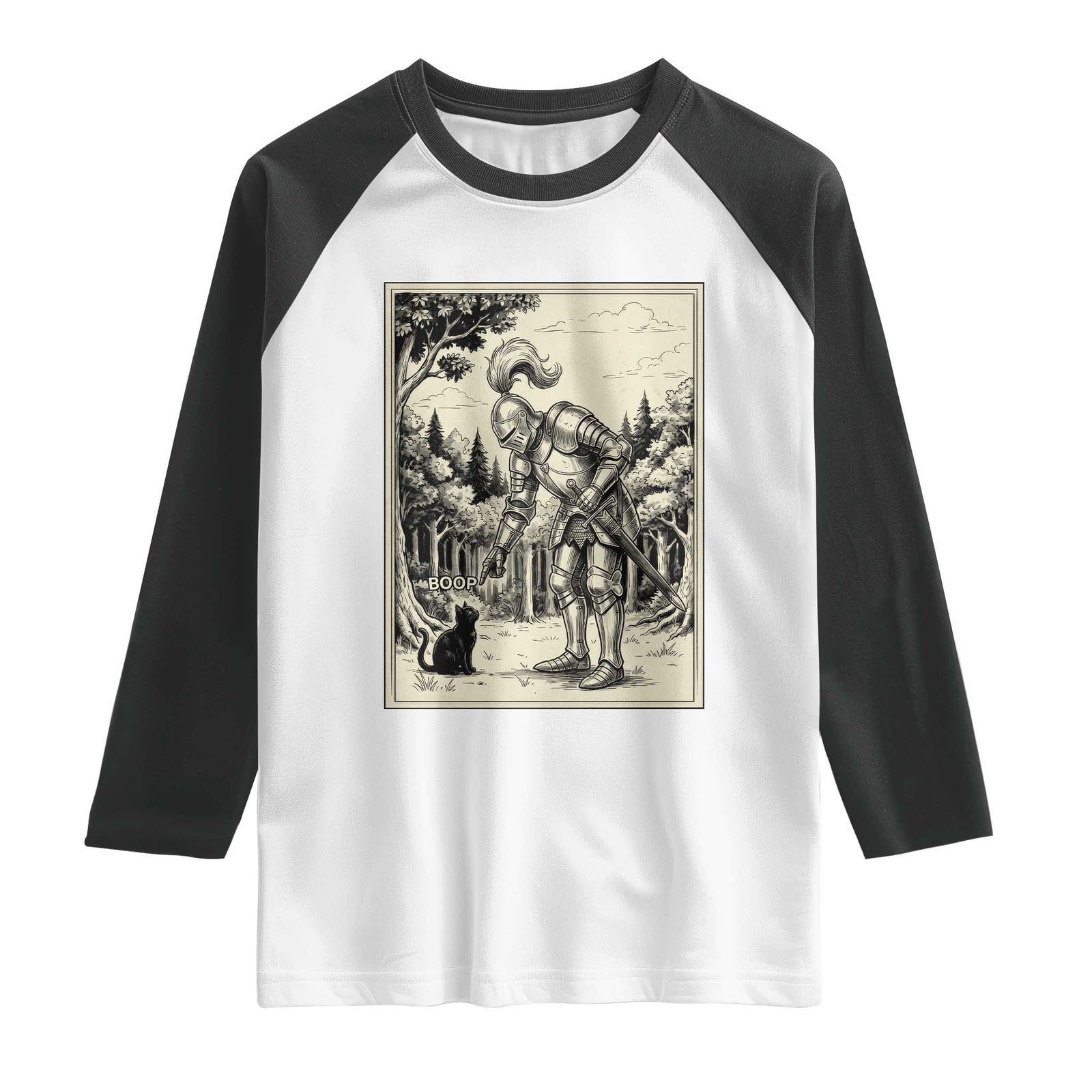 Funny Medieval Knight Boop Black Cat Raglan Shirt Renaissance Fantasy Cat Lover TS12 White Black Print Your Wear