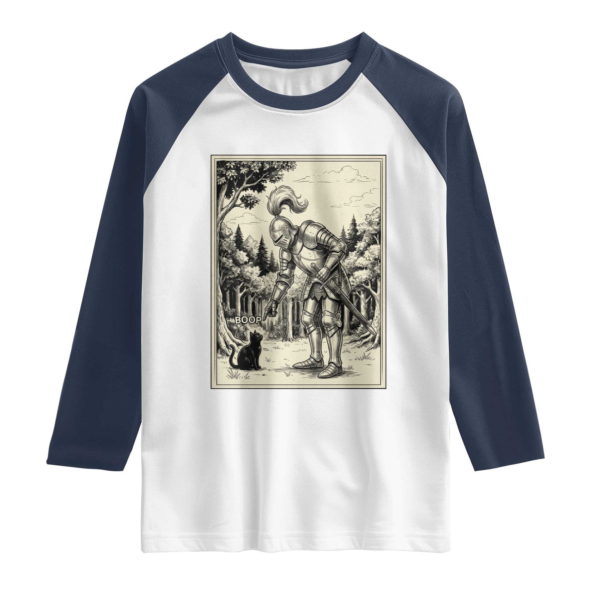 Funny Medieval Knight Boop Black Cat Raglan Shirt Renaissance Fantasy Cat Lover