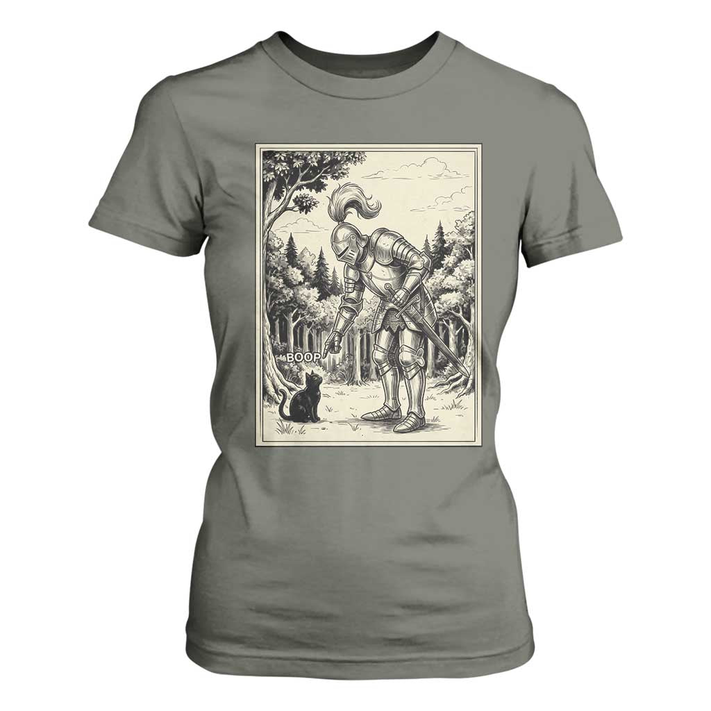 Funny Medieval Knight Boop Black Cat T Shirt For Women Renaissance Fantasy Cat Lover