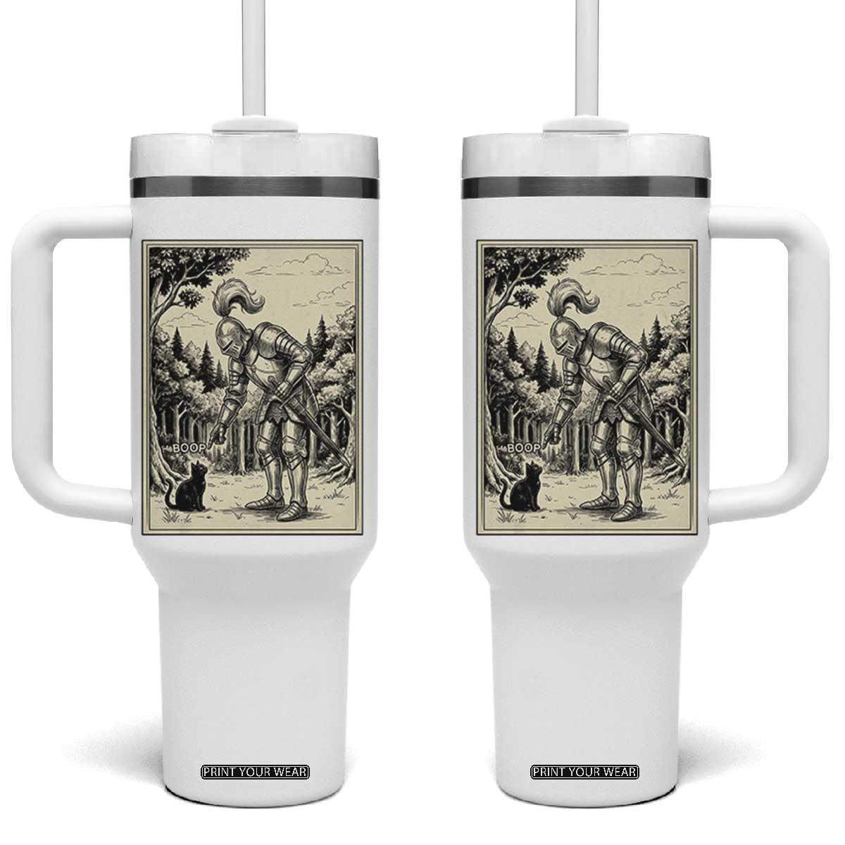 Funny Medieval Knight Boop Black Cat Tumbler With Handle Renaissance Fantasy Cat Lover TS12 One Size: 40 oz White Print Your Wear