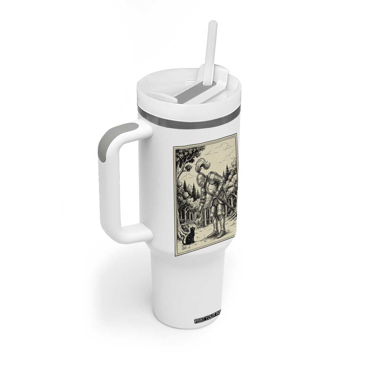 Funny Medieval Knight Boop Black Cat Tumbler With Handle Renaissance Fantasy Cat Lover