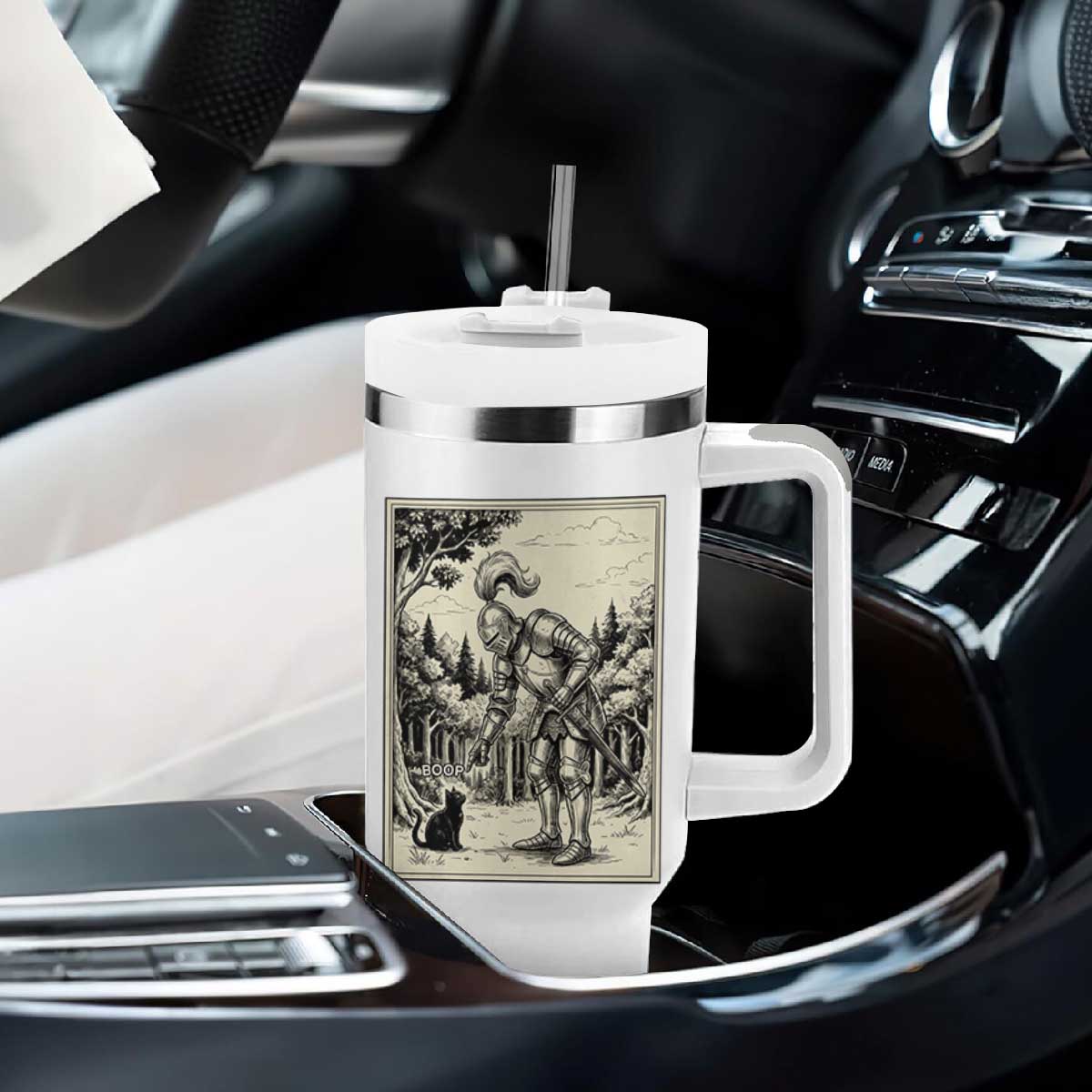 Funny Medieval Knight Boop Black Cat Tumbler With Handle Renaissance Fantasy Cat Lover