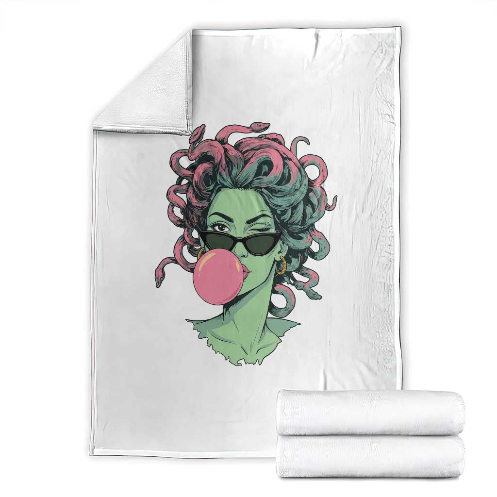 Winking Medusa In Sunglasses Blowing Bubble Gum Throw Blanket Funny Greek Mythology Pop Art TS12 White Print Your Wear