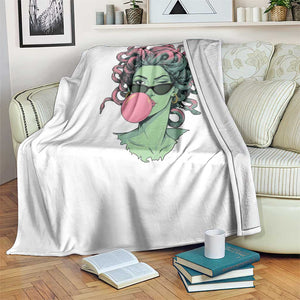 Winking Medusa In Sunglasses Blowing Bubble Gum Throw Blanket Funny Greek Mythology Pop Art