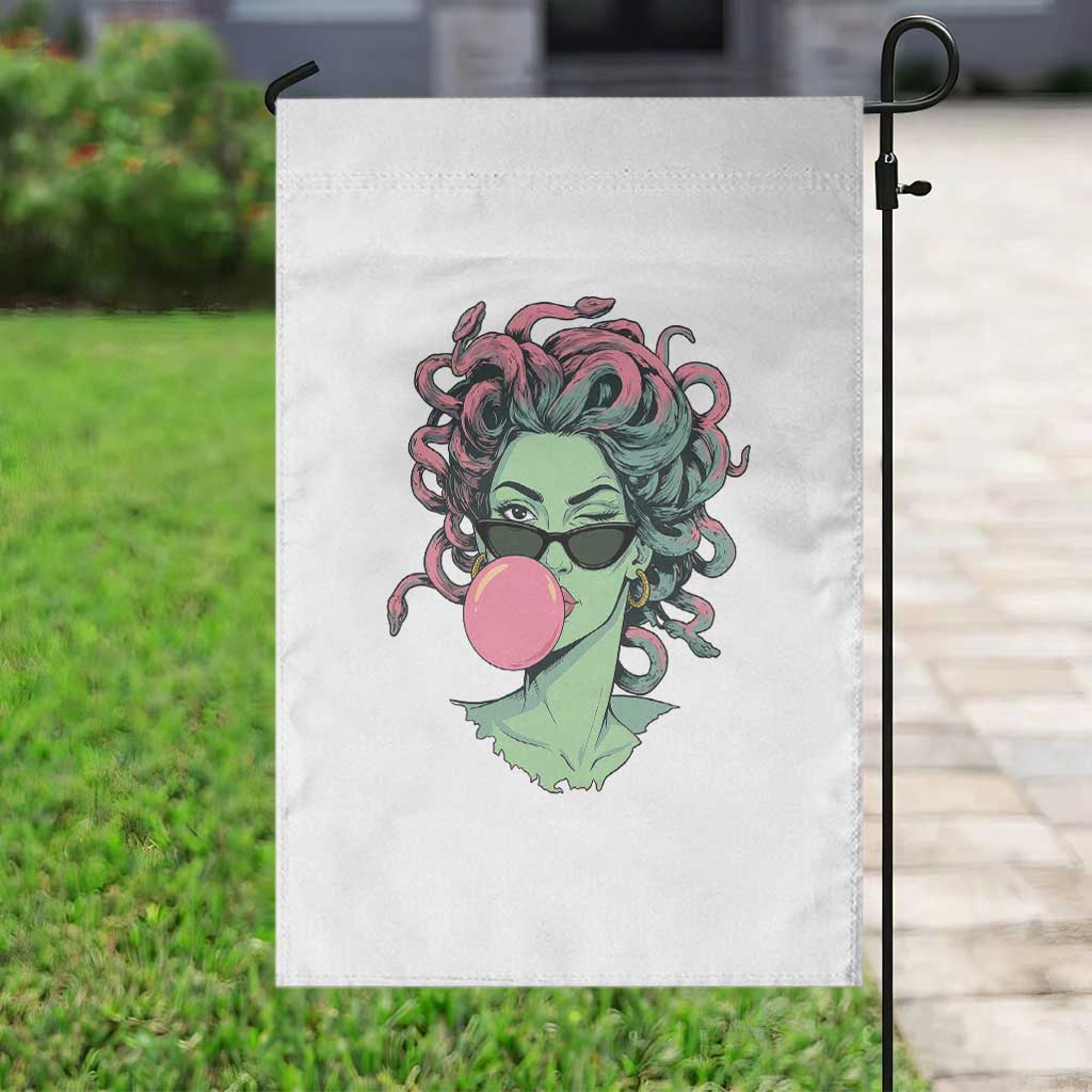 Winking Medusa In Sunglasses Blowing Bubble Gum Garden Flag Funny Greek Mythology Pop Art