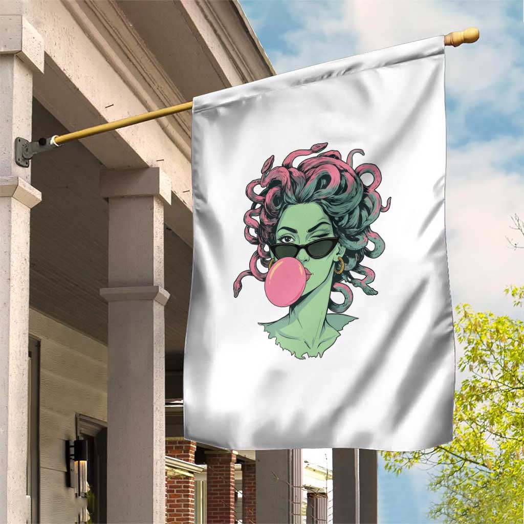 Winking Medusa In Sunglasses Blowing Bubble Gum Garden Flag Funny Greek Mythology Pop Art