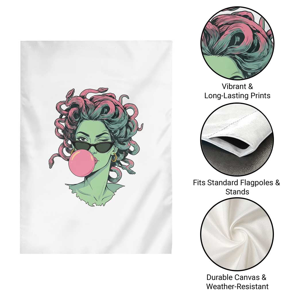 Winking Medusa In Sunglasses Blowing Bubble Gum Garden Flag Funny Greek Mythology Pop Art