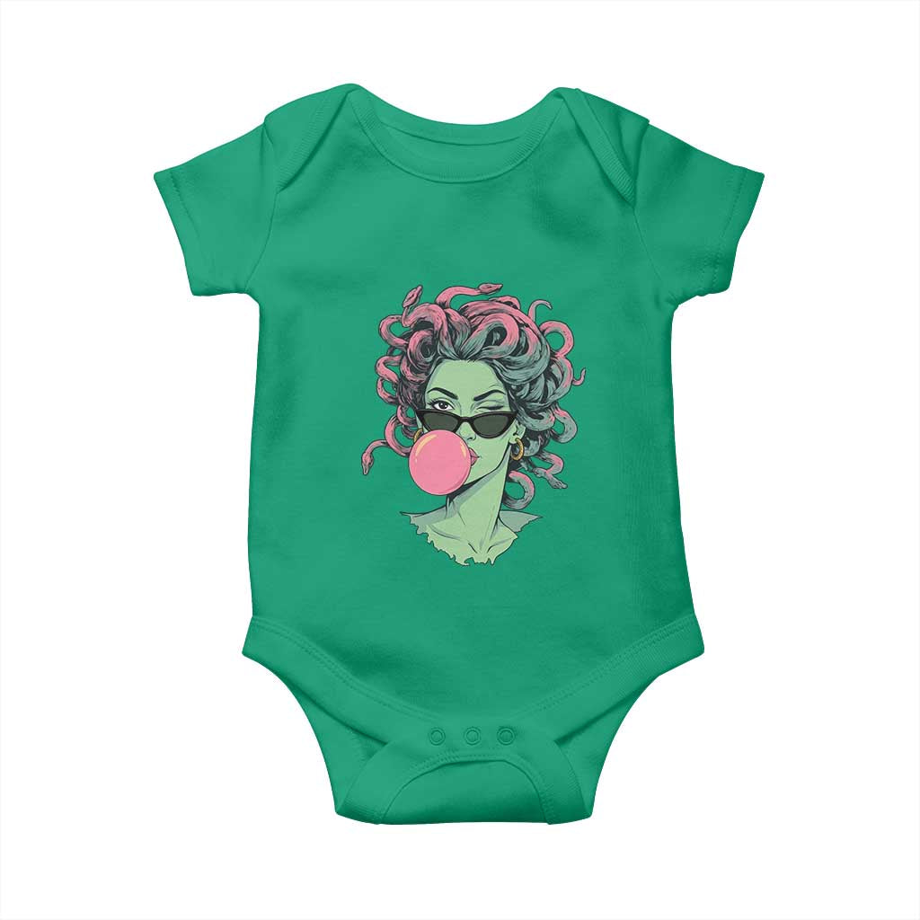 Winking Medusa In Sunglasses Blowing Bubble Gum Baby Onesie Funny Greek Mythology Pop Art