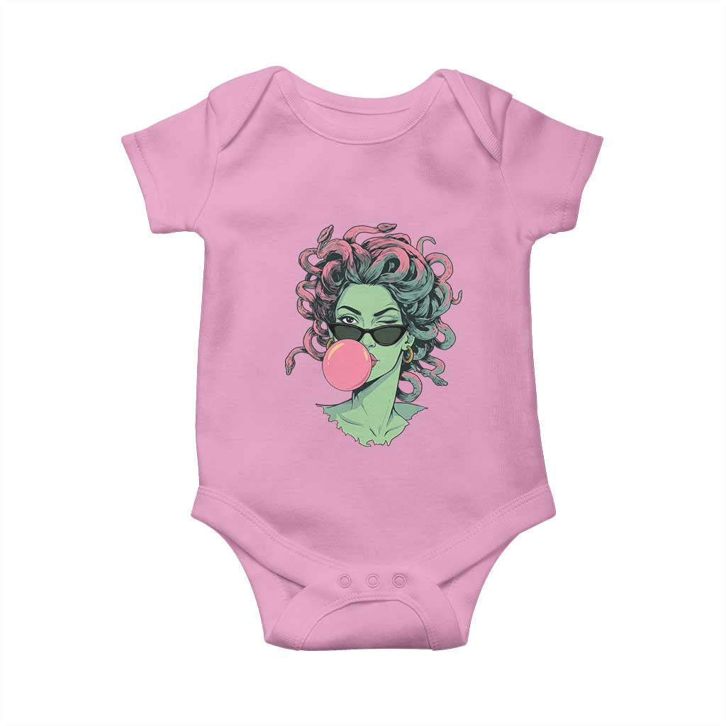 Winking Medusa In Sunglasses Blowing Bubble Gum Baby Onesie Funny Greek Mythology Pop Art