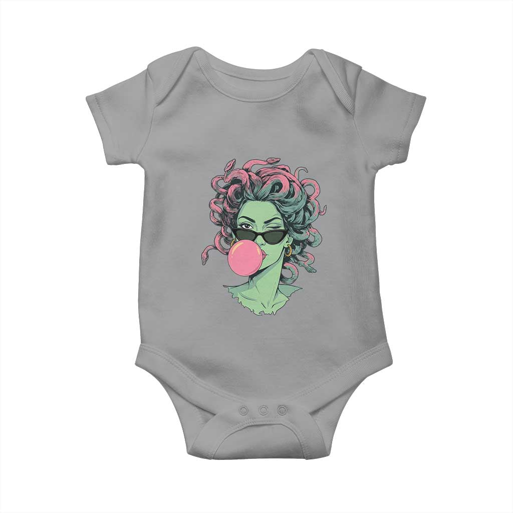 Winking Medusa In Sunglasses Blowing Bubble Gum Baby Onesie Funny Greek Mythology Pop Art