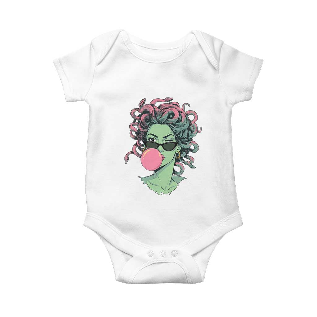 Winking Medusa In Sunglasses Blowing Bubble Gum Baby Onesie Funny Greek Mythology Pop Art TS12 White Print Your Wear