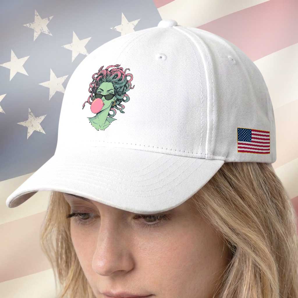 Winking Medusa In Sunglasses Blowing Bubble Gum Baseball Cap Funny Greek Mythology Pop Art