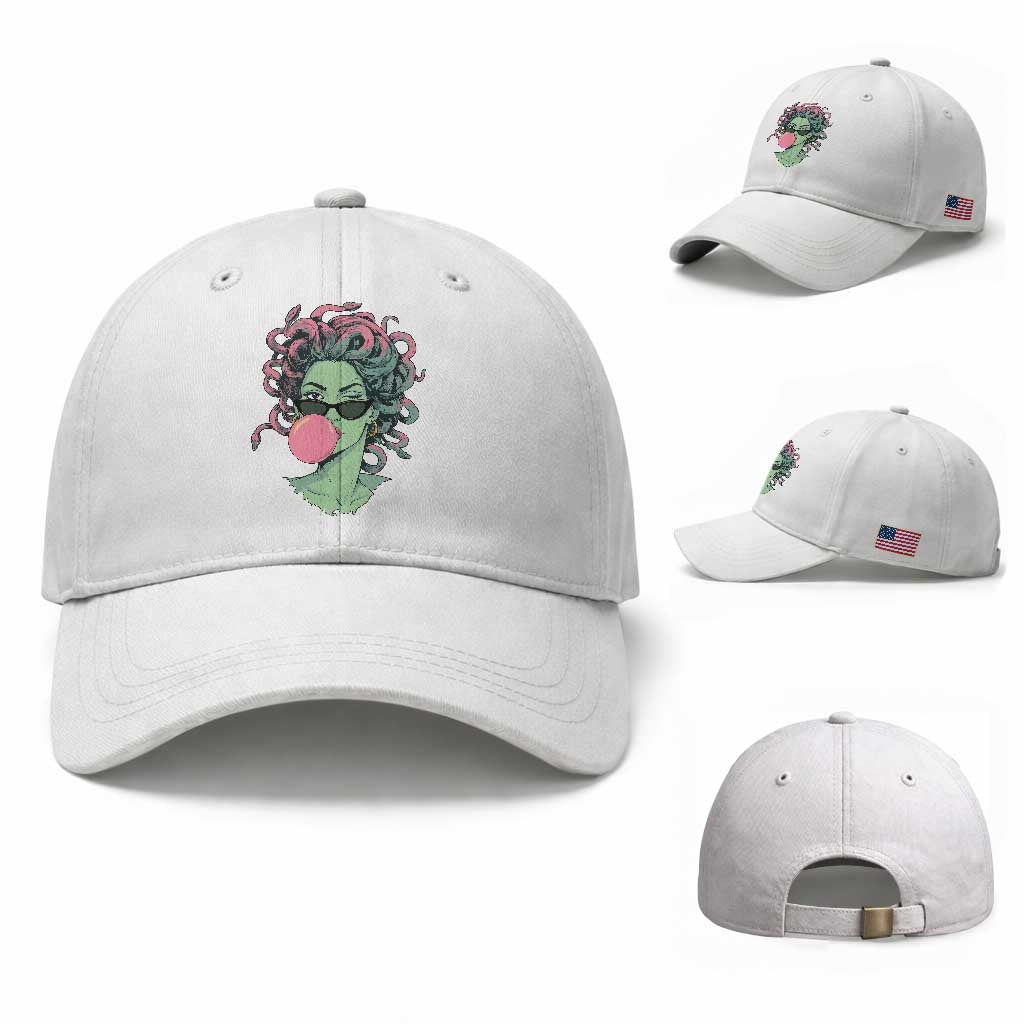 Winking Medusa In Sunglasses Blowing Bubble Gum Baseball Cap Funny Greek Mythology Pop Art