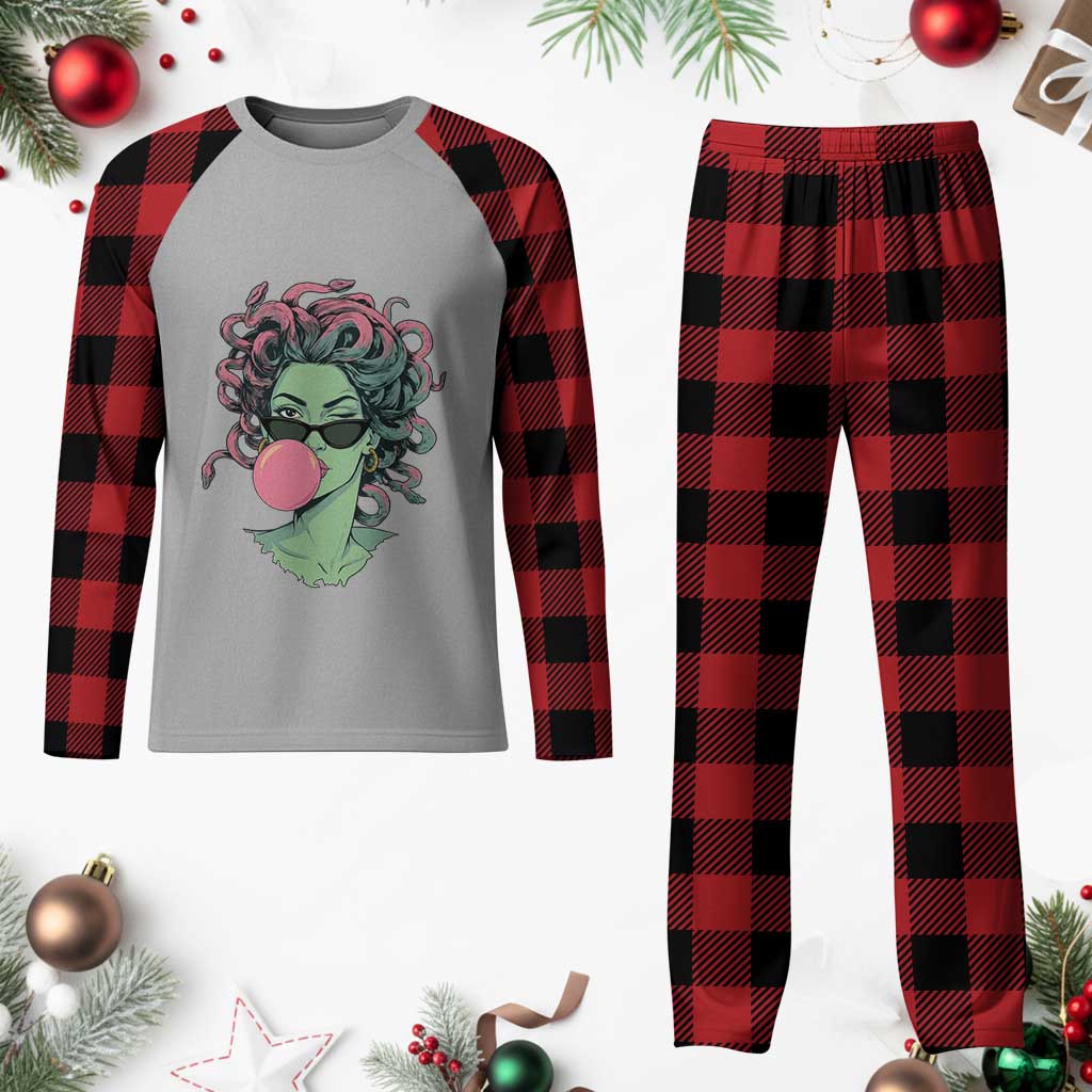 Winking Medusa In Sunglasses Blowing Bubble Gum Plaid Pajama Set Funny Greek Mythology Pop Art TS12 Buffalo Plaid Print Your Wear