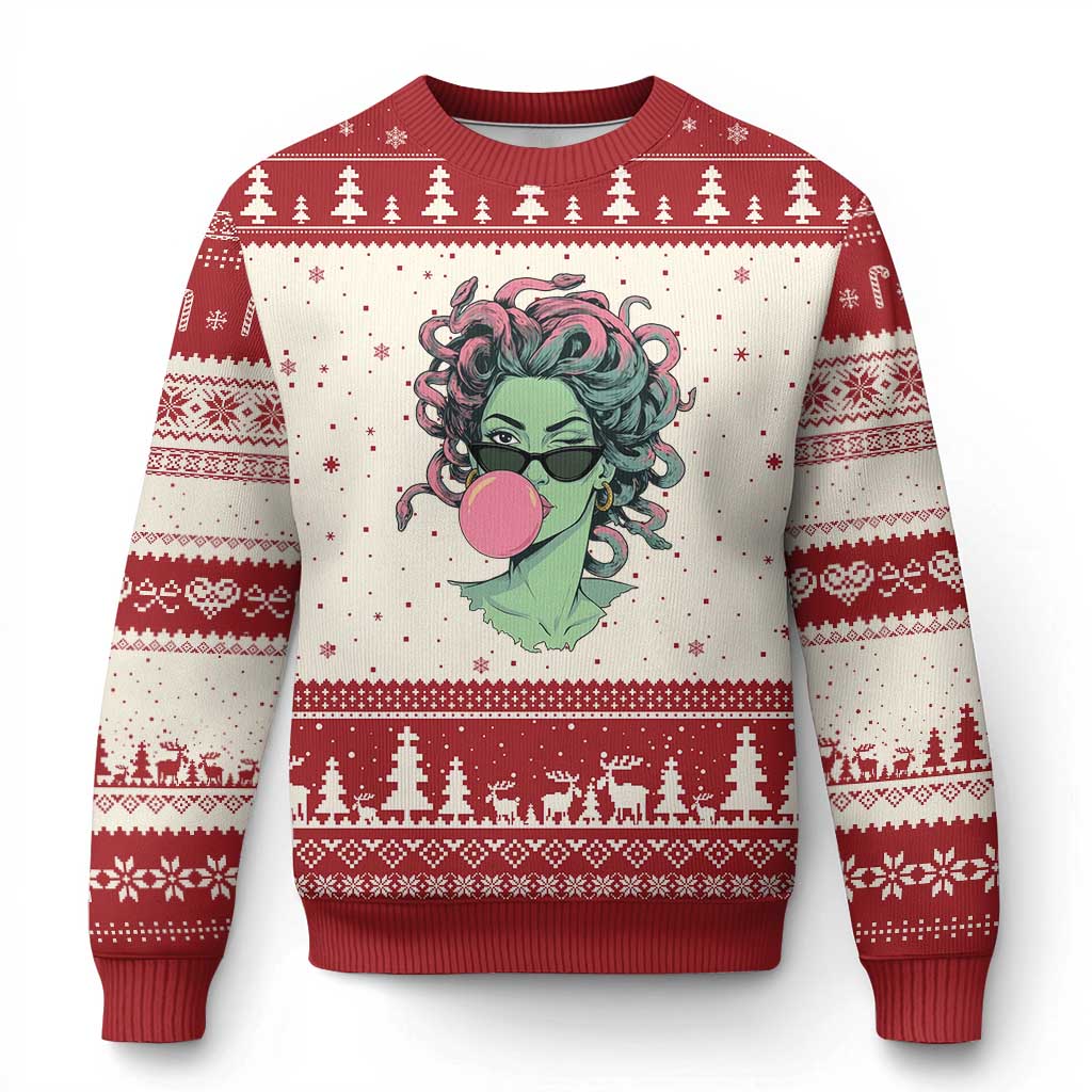 Winking Medusa In Sunglasses Blowing Bubble Gum Ugly Christmas Sweater Funny Greek Mythology Pop Art TS12 Beige Red Print Your Wear