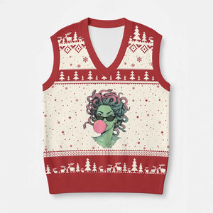 Winking Medusa In Sunglasses Blowing Bubble Gum V-Neck Knit Sweater Vest Funny Greek Mythology Pop Art