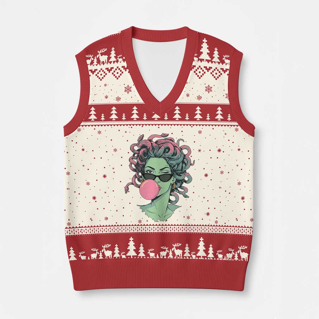 Winking Medusa In Sunglasses Blowing Bubble Gum V-Neck Knit Sweater Vest Funny Greek Mythology Pop Art TS12 Beige Red Print Your Wear