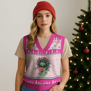 Winking Medusa In Sunglasses Blowing Bubble Gum V-Neck Knit Sweater Vest Funny Greek Mythology Pop Art
