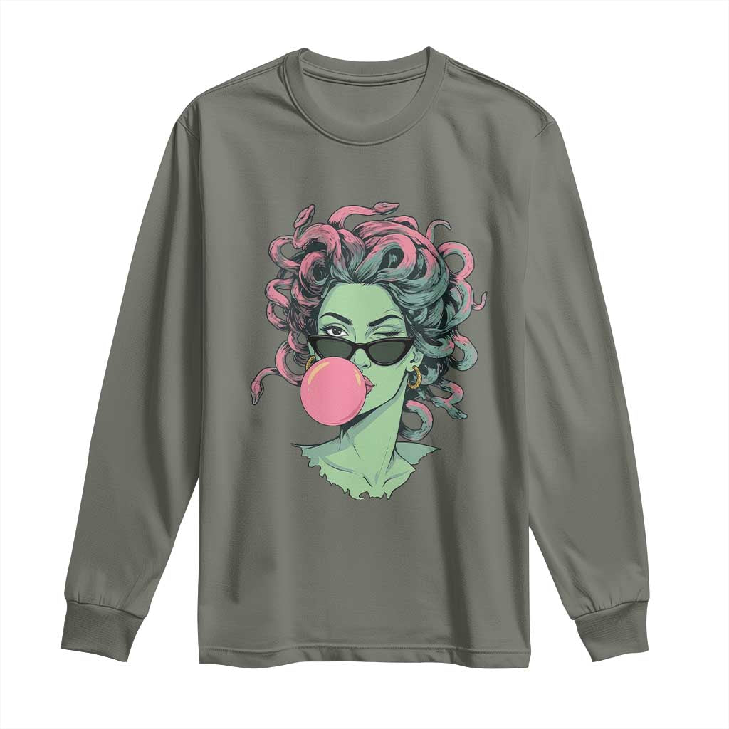 Winking Medusa In Sunglasses Blowing Bubble Gum Long Sleeve Shirt Funny Greek Mythology Pop Art