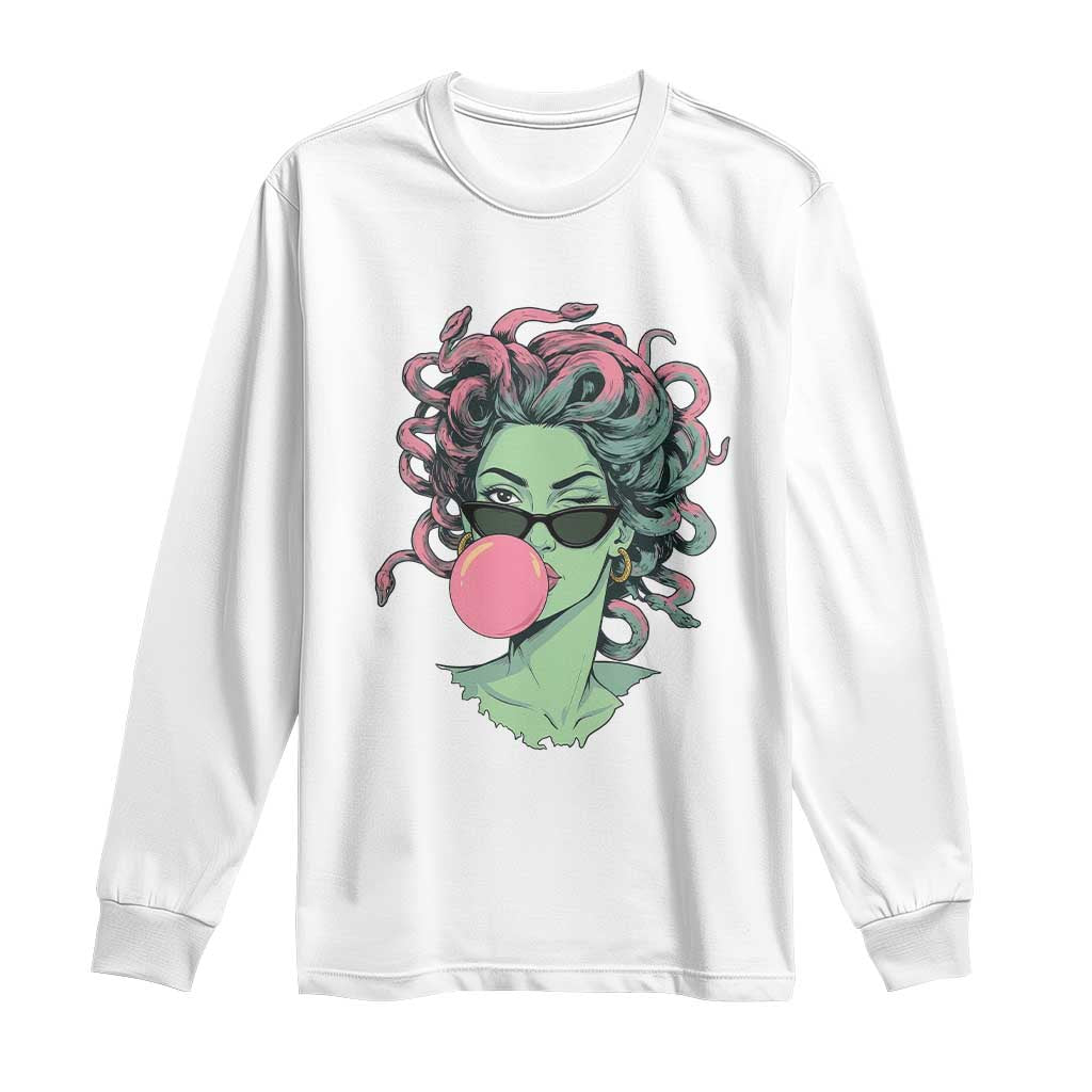 Winking Medusa In Sunglasses Blowing Bubble Gum Long Sleeve Shirt Funny Greek Mythology Pop Art TS12 White Print Your Wear