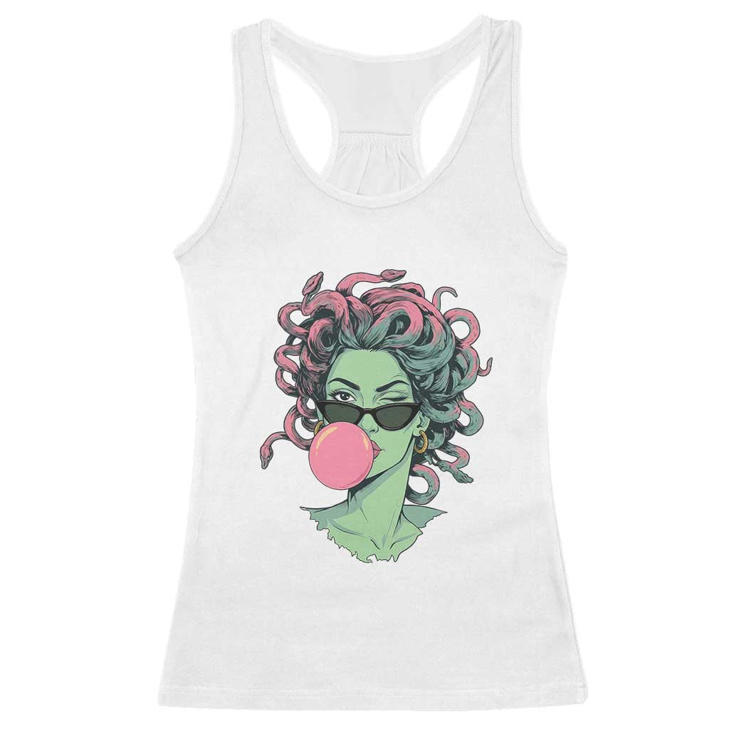 Winking Medusa In Sunglasses Blowing Bubble Gum Racerback Tank Top Funny Greek Mythology Pop Art TS12 White Print Your Wear
