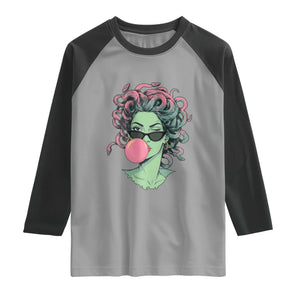 Winking Medusa In Sunglasses Blowing Bubble Gum Raglan Shirt Funny Greek Mythology Pop Art