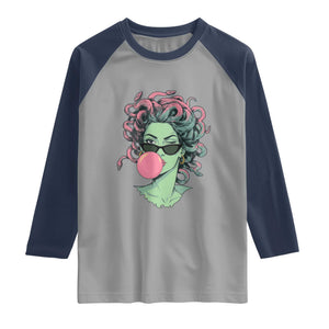 Winking Medusa In Sunglasses Blowing Bubble Gum Raglan Shirt Funny Greek Mythology Pop Art
