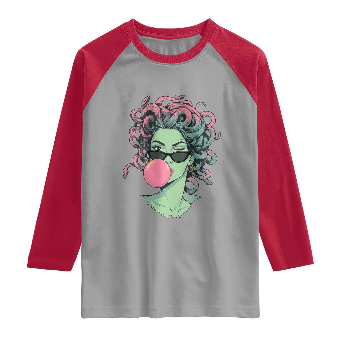 Winking Medusa In Sunglasses Blowing Bubble Gum Raglan Shirt Funny Greek Mythology Pop Art
