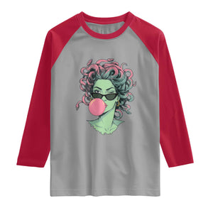 Winking Medusa In Sunglasses Blowing Bubble Gum Raglan Shirt Funny Greek Mythology Pop Art