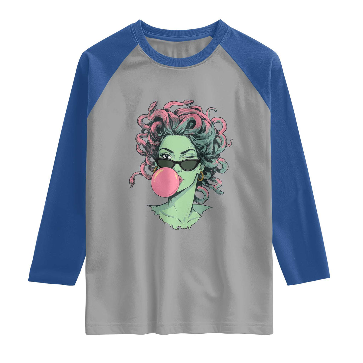 Winking Medusa In Sunglasses Blowing Bubble Gum Raglan Shirt Funny Greek Mythology Pop Art