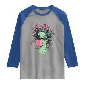 Winking Medusa In Sunglasses Blowing Bubble Gum Raglan Shirt Funny Greek Mythology Pop Art