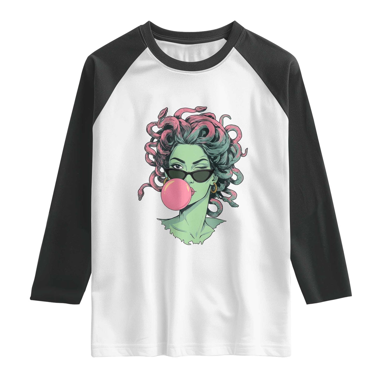 Winking Medusa In Sunglasses Blowing Bubble Gum Raglan Shirt Funny Greek Mythology Pop Art TS12 White Black Print Your Wear