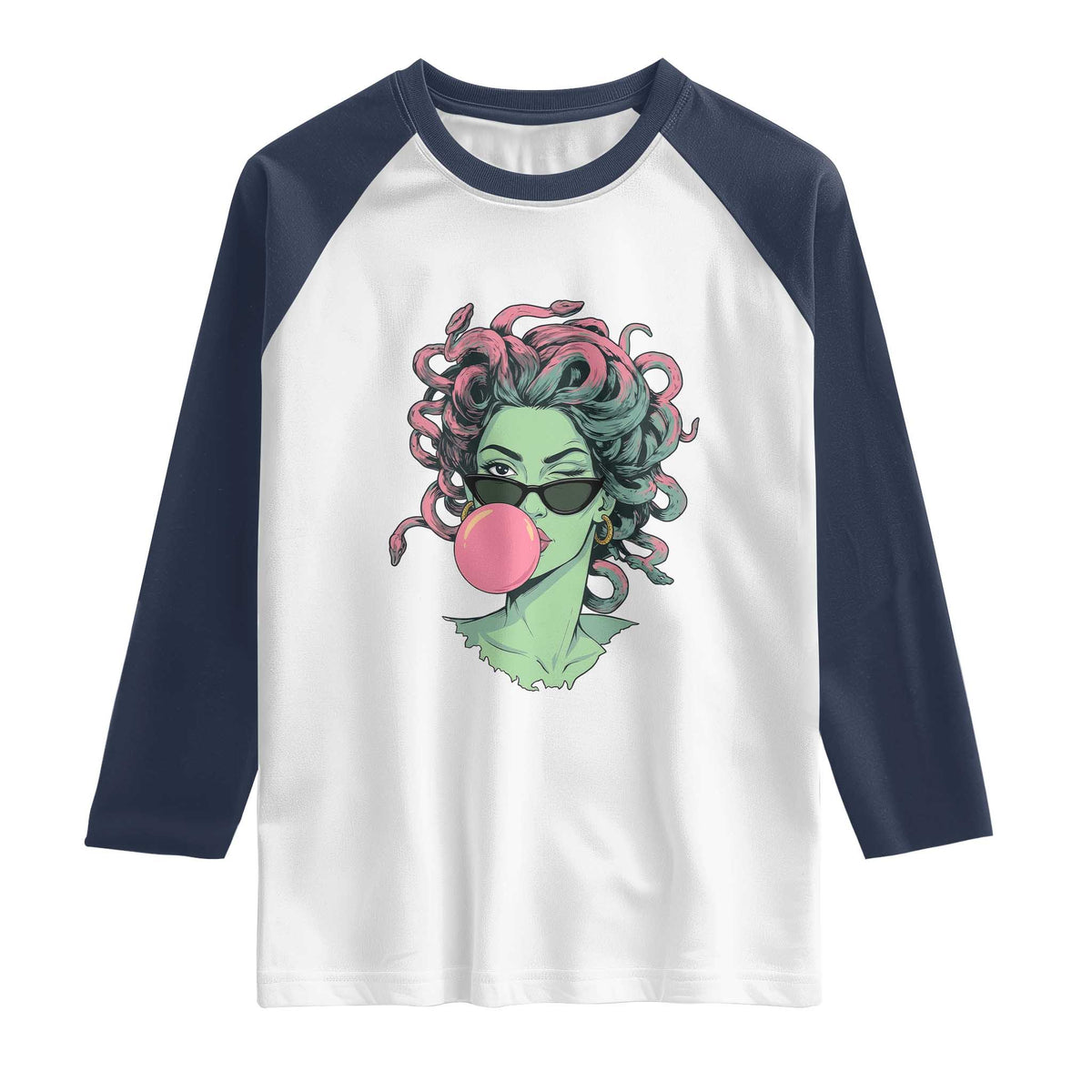 Winking Medusa In Sunglasses Blowing Bubble Gum Raglan Shirt Funny Greek Mythology Pop Art