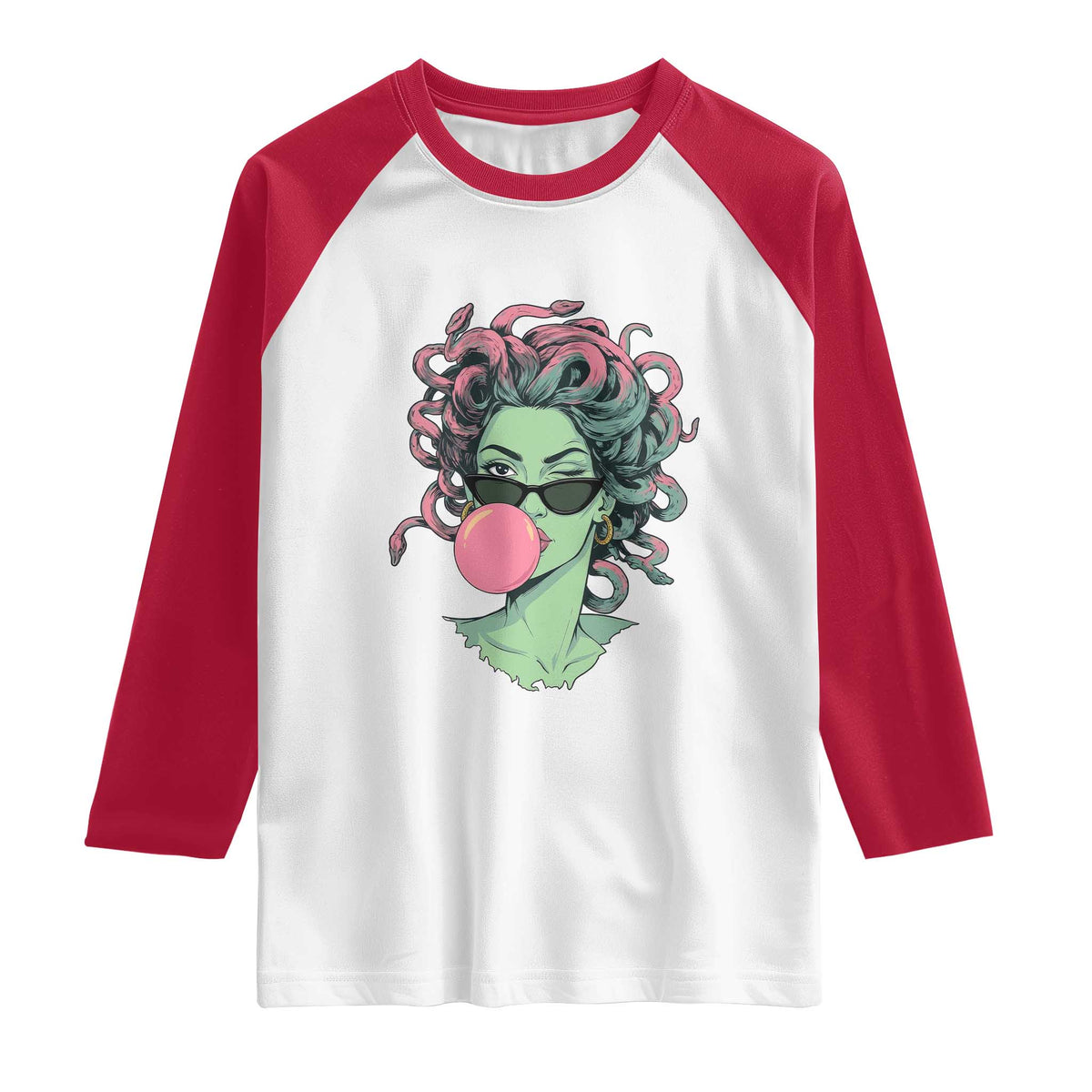 Winking Medusa In Sunglasses Blowing Bubble Gum Raglan Shirt Funny Greek Mythology Pop Art