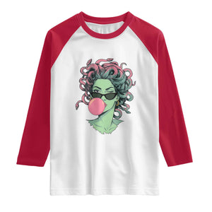 Winking Medusa In Sunglasses Blowing Bubble Gum Raglan Shirt Funny Greek Mythology Pop Art
