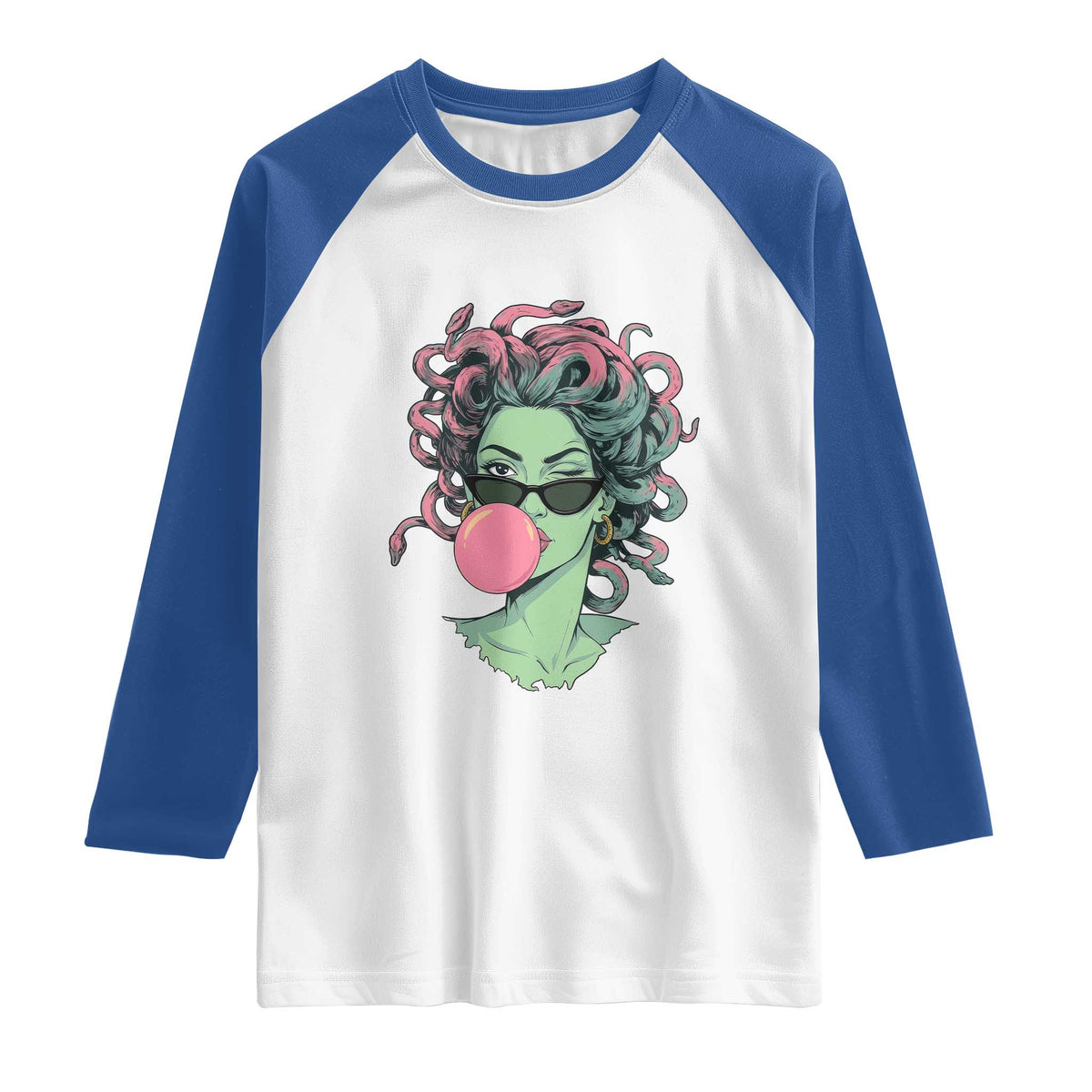 Winking Medusa In Sunglasses Blowing Bubble Gum Raglan Shirt Funny Greek Mythology Pop Art