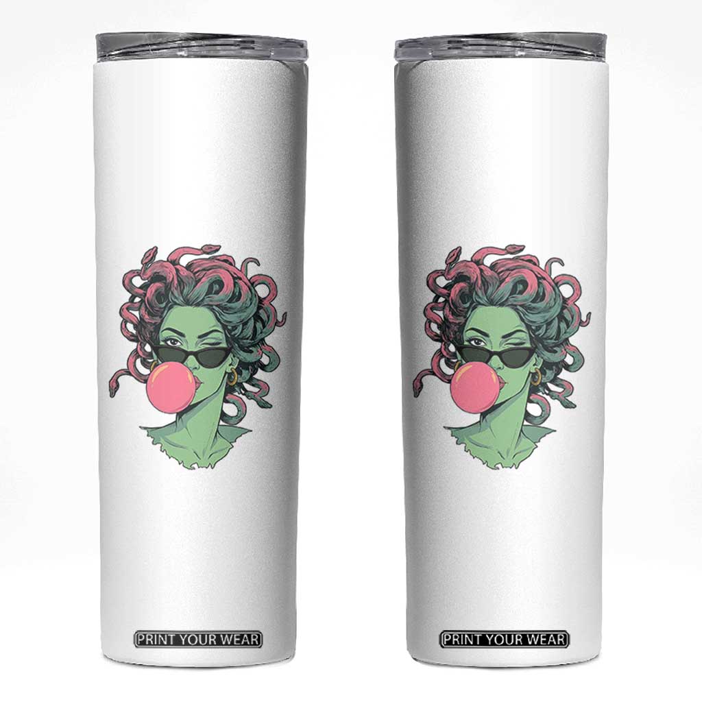 Winking Medusa In Sunglasses Blowing Bubble Gum Skinny Tumbler Funny Greek Mythology Pop Art TS12 White Print Your Wear