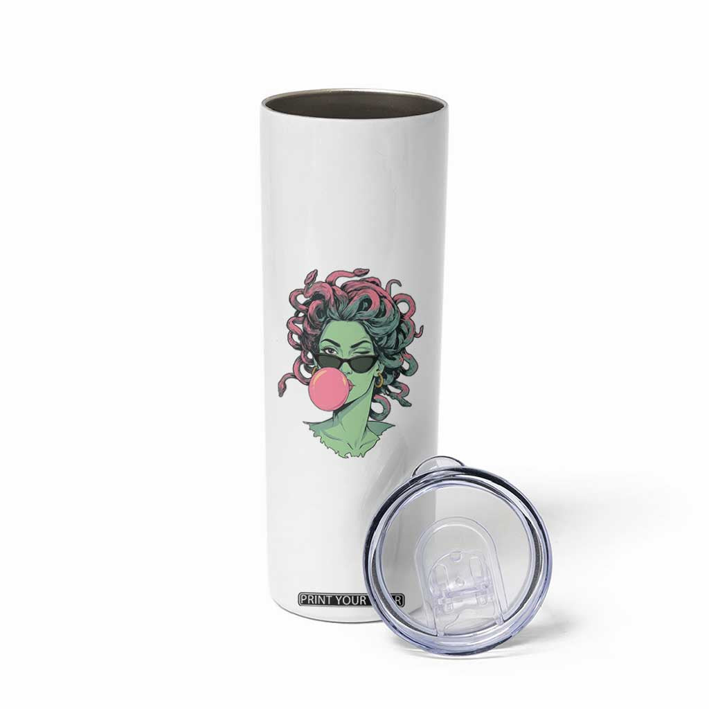 Winking Medusa In Sunglasses Blowing Bubble Gum Skinny Tumbler Funny Greek Mythology Pop Art